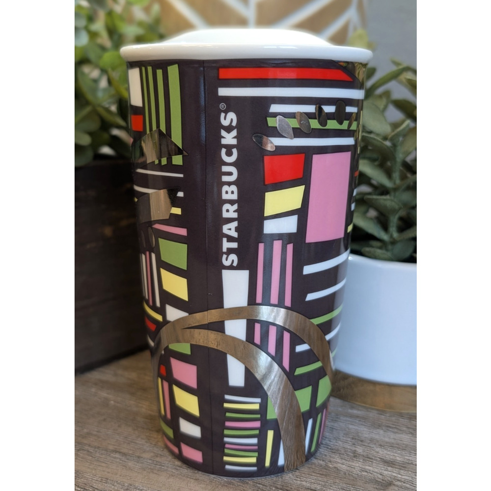 Starbucks Ceramic Travel Tumbler 12oz w Lid 2014 Abstract Geometric Multicolor